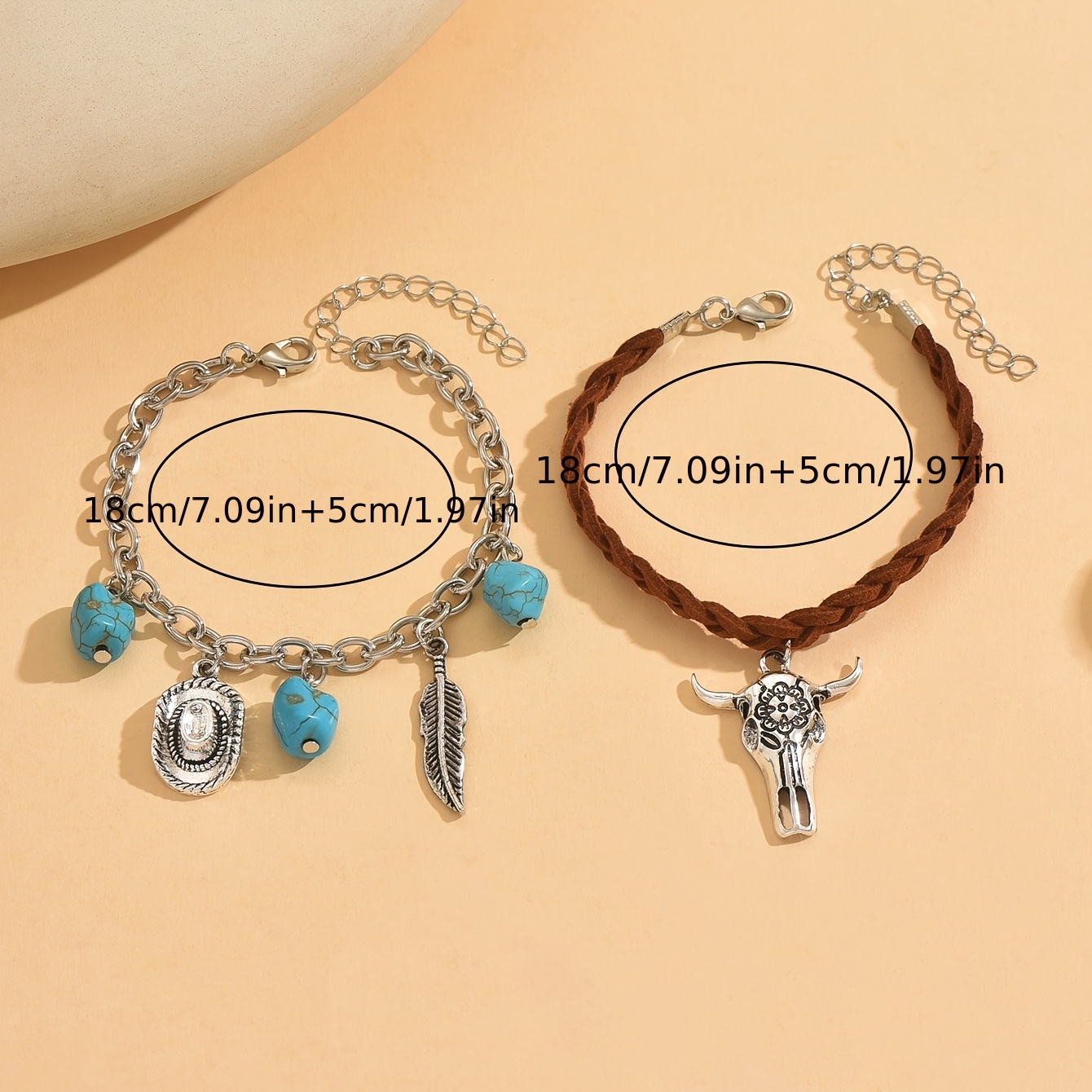2pc Western Cowboy Bracelet & Bull Head Hat Jewelry Set