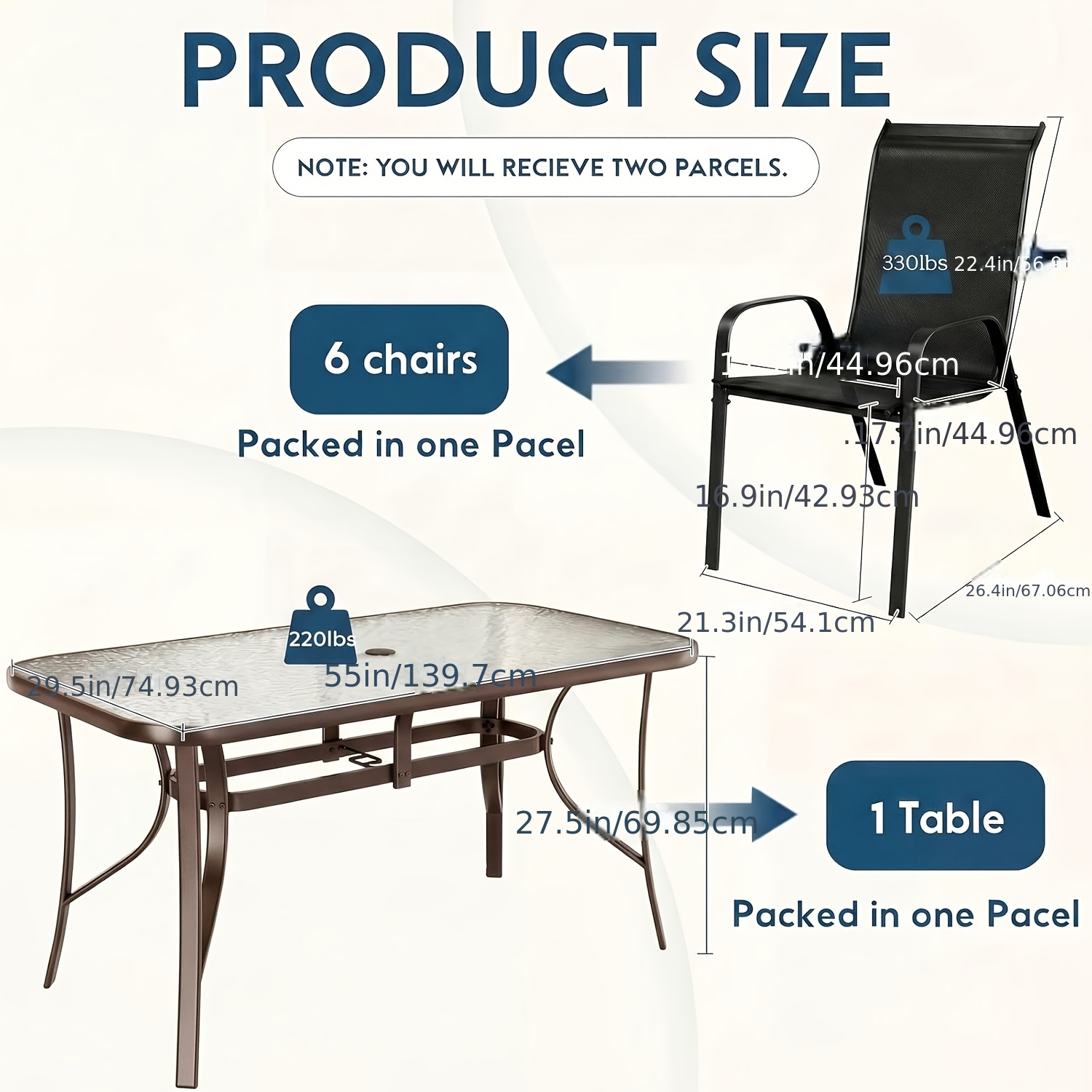 7pcs Outdoor Table And Chairs for 6, Outdoor Dining Set W/Rectangle Glass Table And 6 Patio Textilene Stackable Chairs, Patio Furniture Set W/Umbrella Hole, Umbrella Not Included