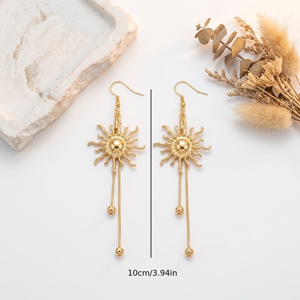 Golden Sun-Shaped Tassel Drop Earrings, Vintage Style
