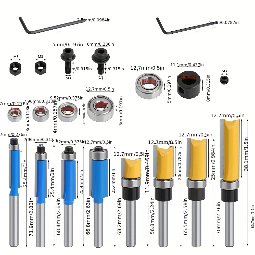 6. Shank 14pcs Set: Planer Drill Bits, Screwdriver Bits, Bearing Set, Woodworking Router Bits