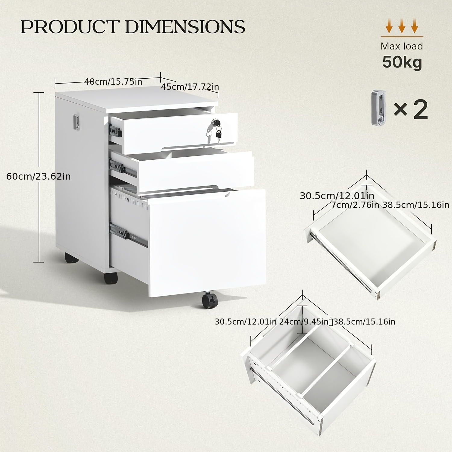 Image of Mobile Filing Cabinet 3 Drawers With Lock And Wheels, Under Desk Lockable File Cabinet With Suspension File Hanging Rails For A4/letter/legal, Anti-tilt Office Unit