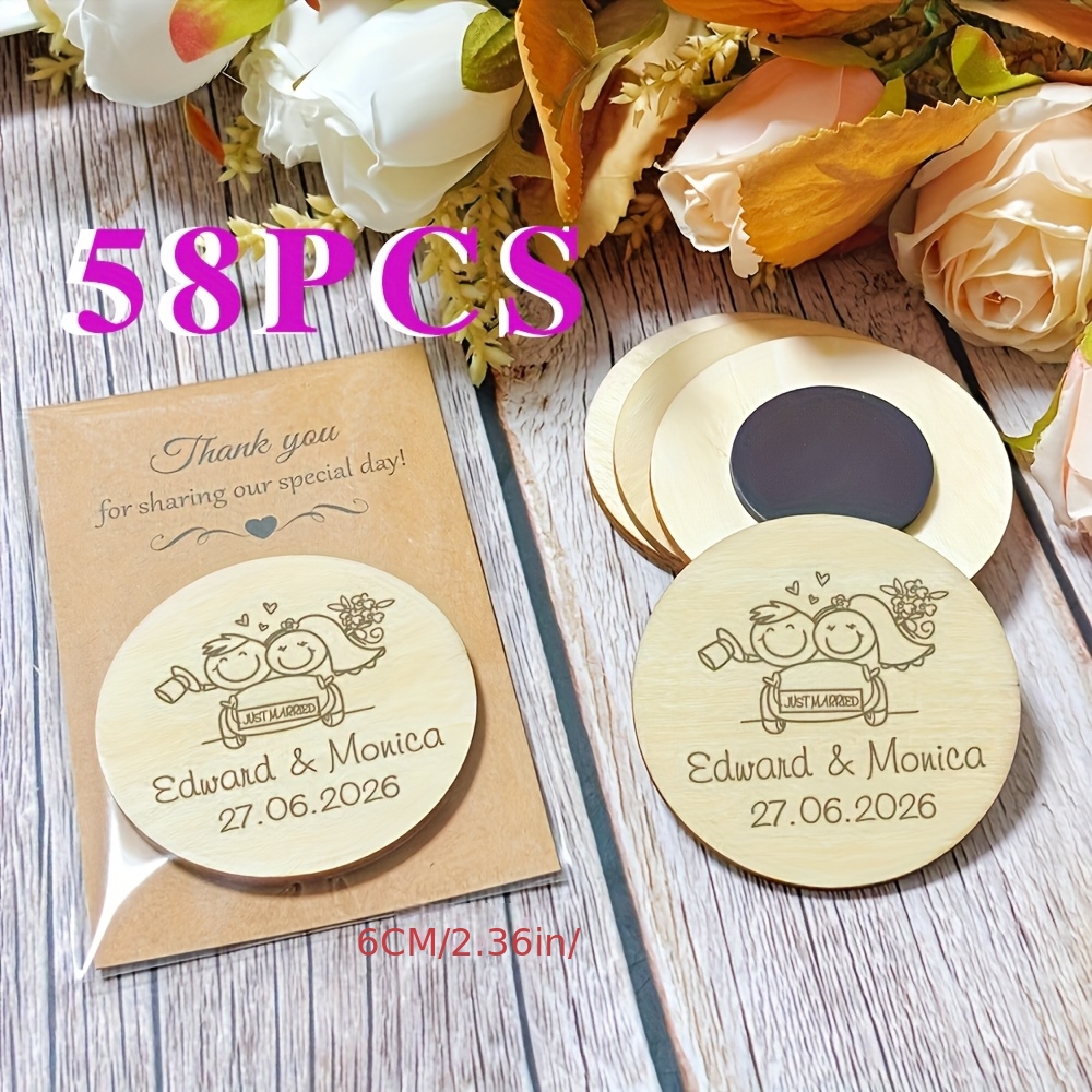 Image of 58pcs Personalized Wooden Wedding Favors And Thank You Cards - Individual Names And Dates, Elegant Paper Design, As Guest Gifts, Wedding Souvenirs, And Party Decorations, Exquisitely Handmade