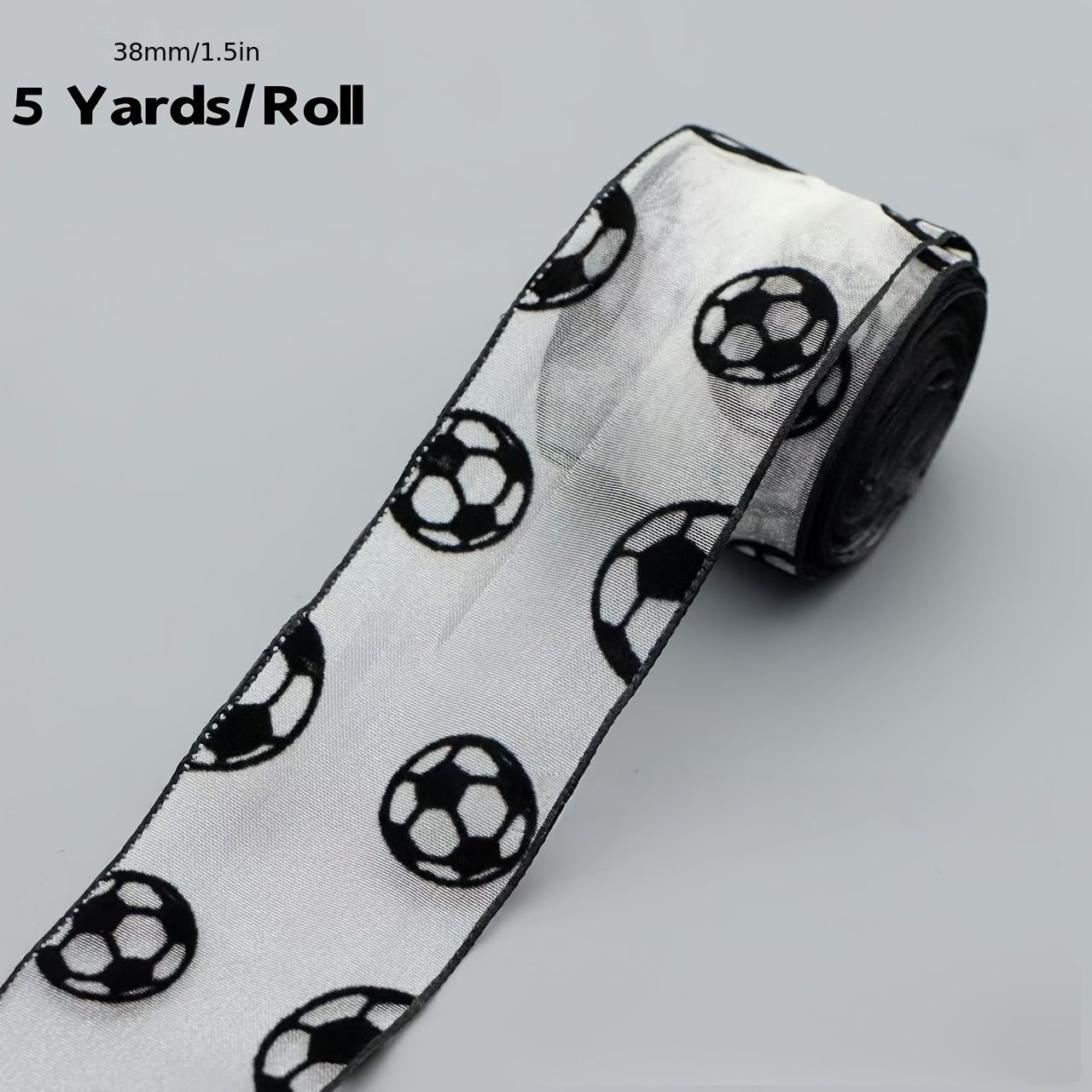 Image of 5-yard Football Print Ribbon, Black And White Football Pattern Ribbon, Sports-themed Decorative Fabric Ribbon, Suitable For Handmade Crafts, Gift Packaging, Hair Additions, Party Decorations