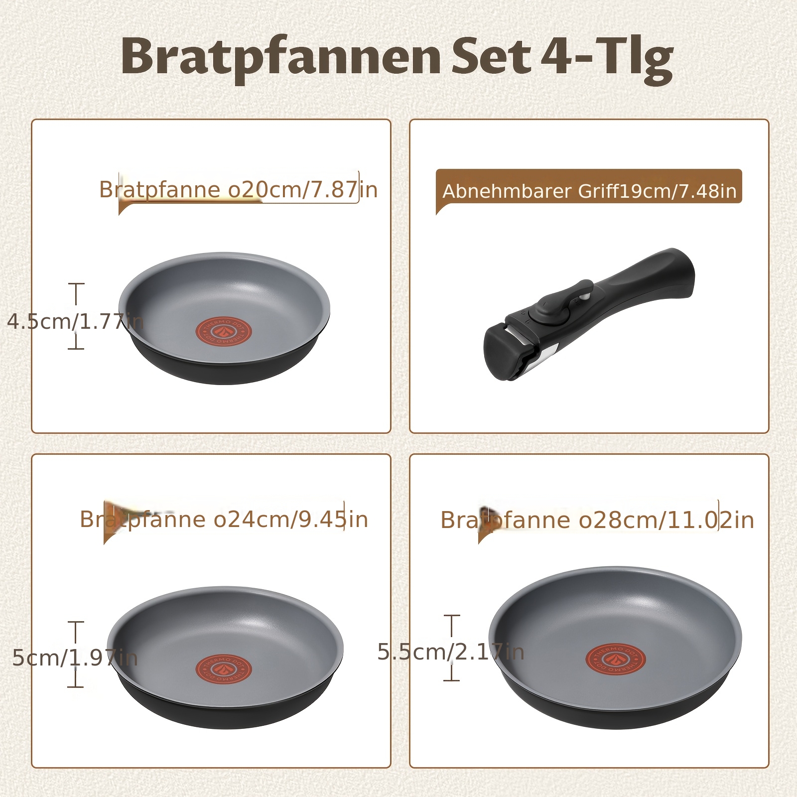 E-shop 4-teiliges Pfannenset für Küche & Camping | Induktionsgeeignet, abnehmbarer Griff, antihaftbeschichtet in Grau