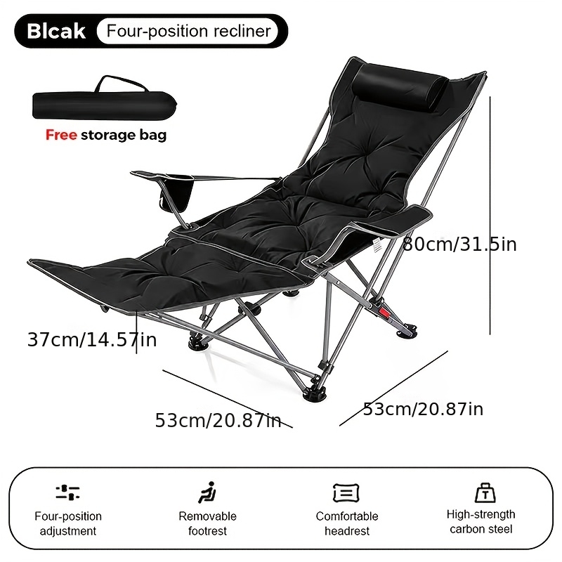 Image of Adjustable 4-position Folding Camping Lounge Chair, Padded Recliner With Footrest, Cup Holder And Headrest, Portable Outdoor Lounger For Patio, Beach, Camping, Office Napping, Supports 150kg