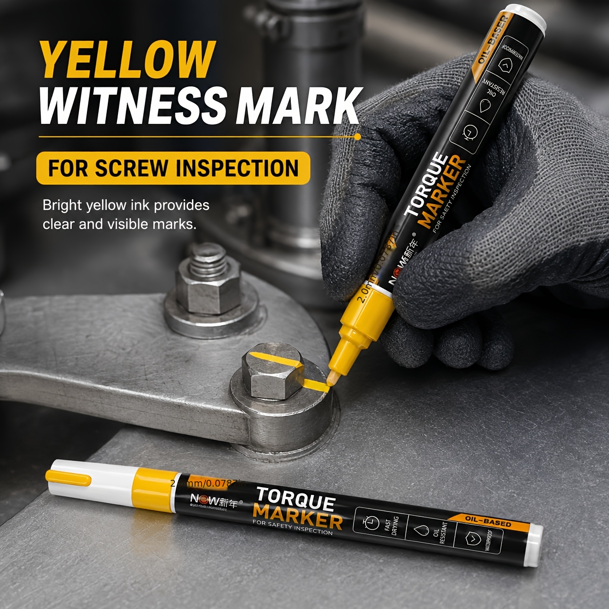 TEMU Marqueur de couple jaune à pousser, stylo anti-dérivation de boulons, stylo de de vis, pour de sécurité de maintenance de machines et