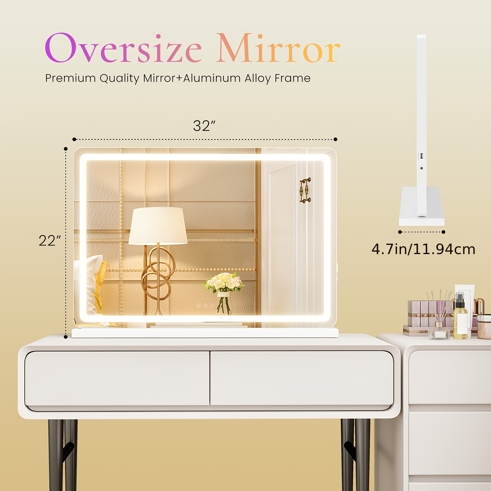 TEMU Smart Led Vanity Mirror With Dimmable Lights & Memory - 3 Color , Usb Port In Sleek Aluminum Frame For Bathroom, Bedroom, Desk, 13"x17"/22"x19"/32"x22"