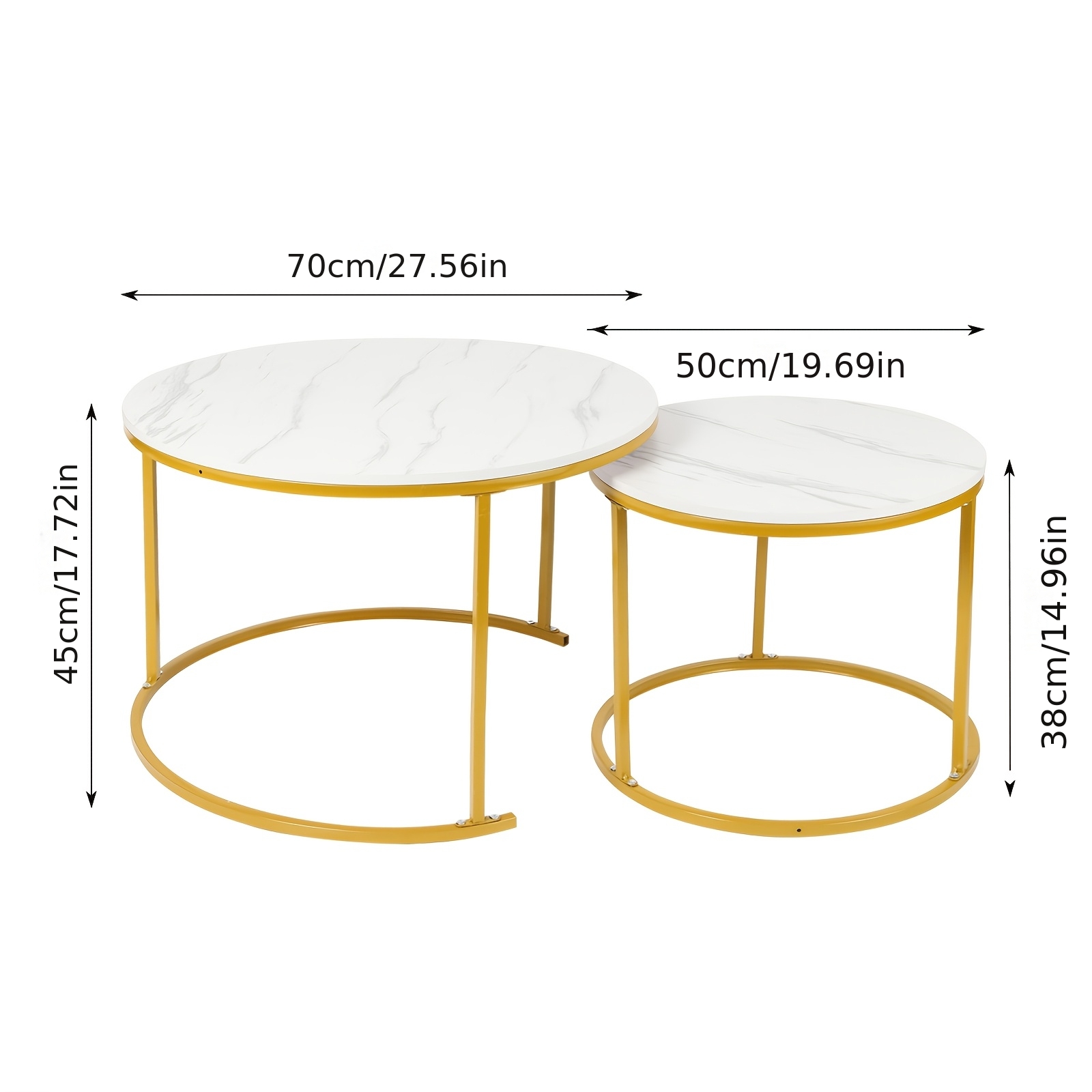 Set Of 2 Industrial Nesting Tables, Coffee Table Set With Marble Texture Tops, 70cm Modern Side Table Set For Living Room