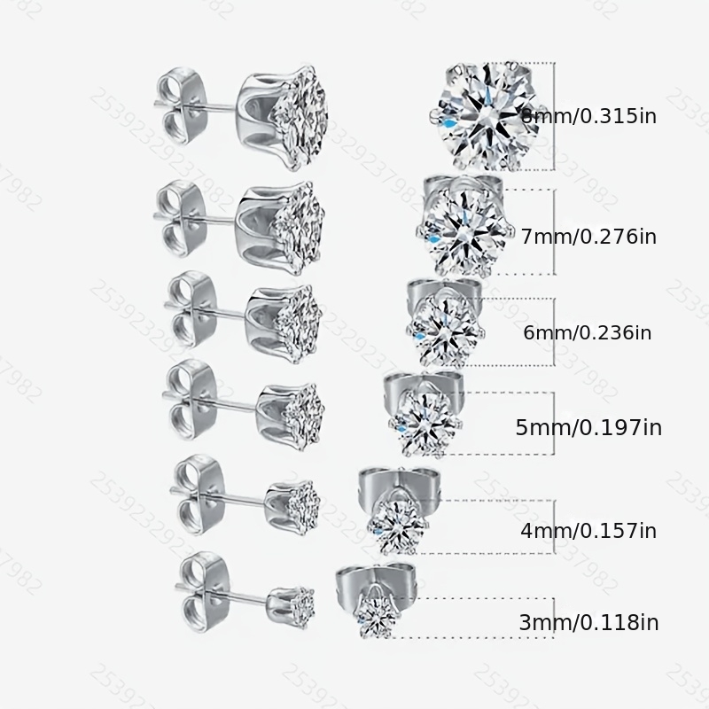 TEMU 6 Pairs/set Minimalist Stainless Steel Stud Earrings, 3-8cm, Synthetic Zirconia