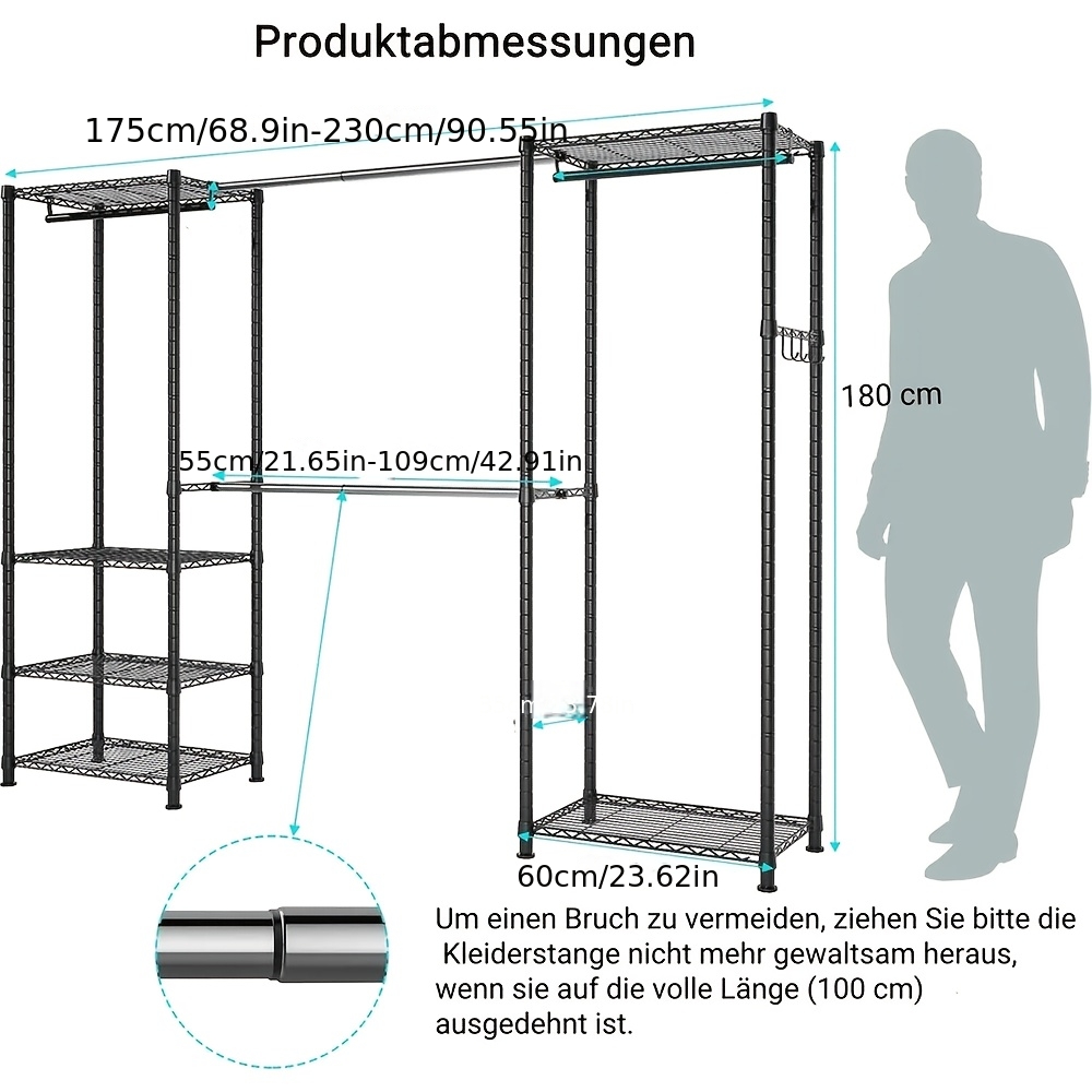 Heavy Duty Storage Rack, 19 Tube Extendable Metal Wardrobe Rack, Wardrobe Rack, Black Metal Clothes Hanger, 230 * 35 * 180cm, Height Adjustable Rack Clothes Hanger, Load-bearing Capacity Up To 394kg