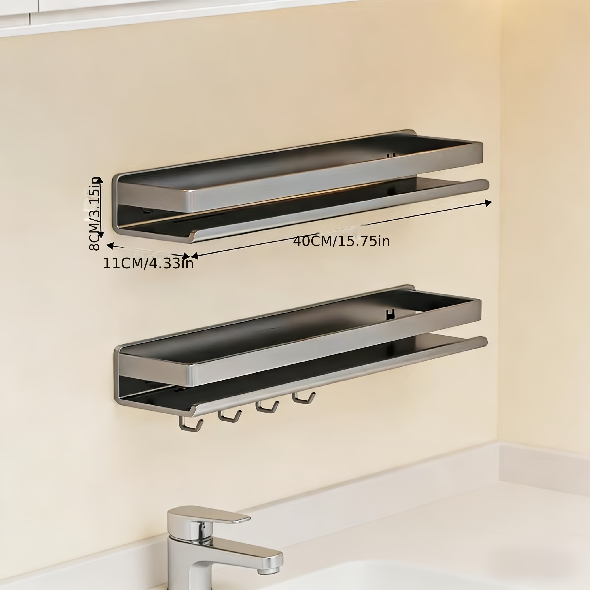 2-pack 40cm Wall Mounted Spice Rack With Hooks, No Drilling Seasoning Shelf, Suitable For Kitchen, Bathroom And Balcony, Etc. (black, Gray, White) Floating Shelves