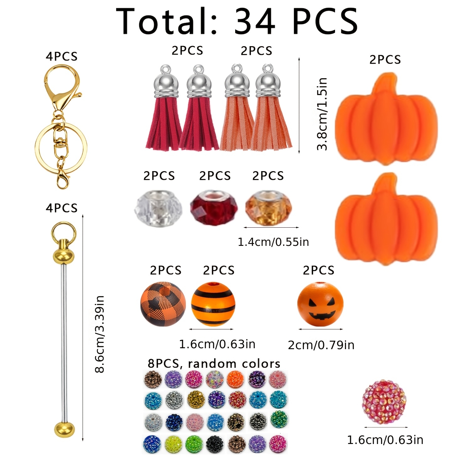 TEMU 34pcs Creative Pumpkin-shaped Irregular Bead Keychains, Bead String Rods, Embroidered Beads, Solid Color Beads, Large Hole Beads, Tassels - Key