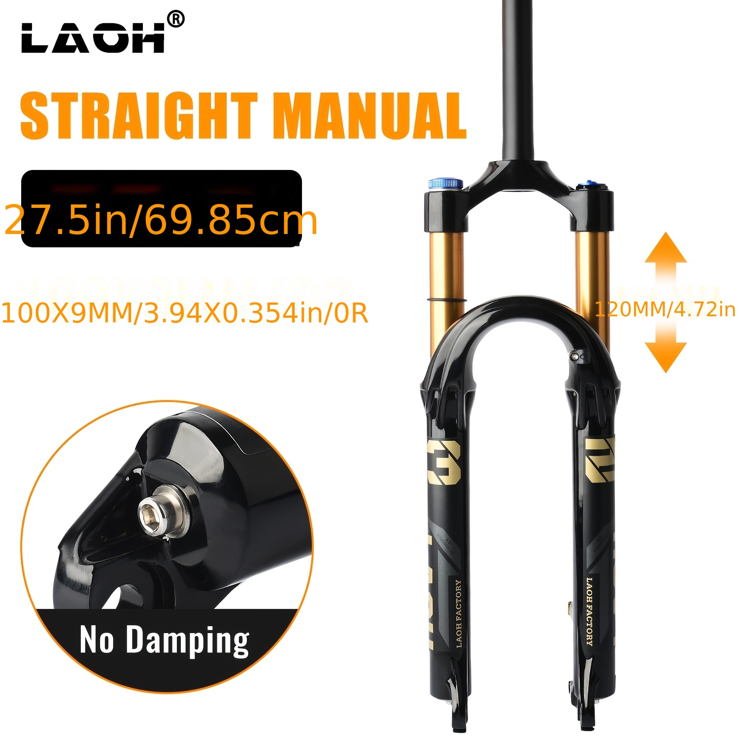mountain bike front fork with shock absorption 120  featuring air shock absorption a black and golden remote locking mechanism made of lightweight aluminum for alloy this straight tube fork is designed for disc brakes and is suitable f