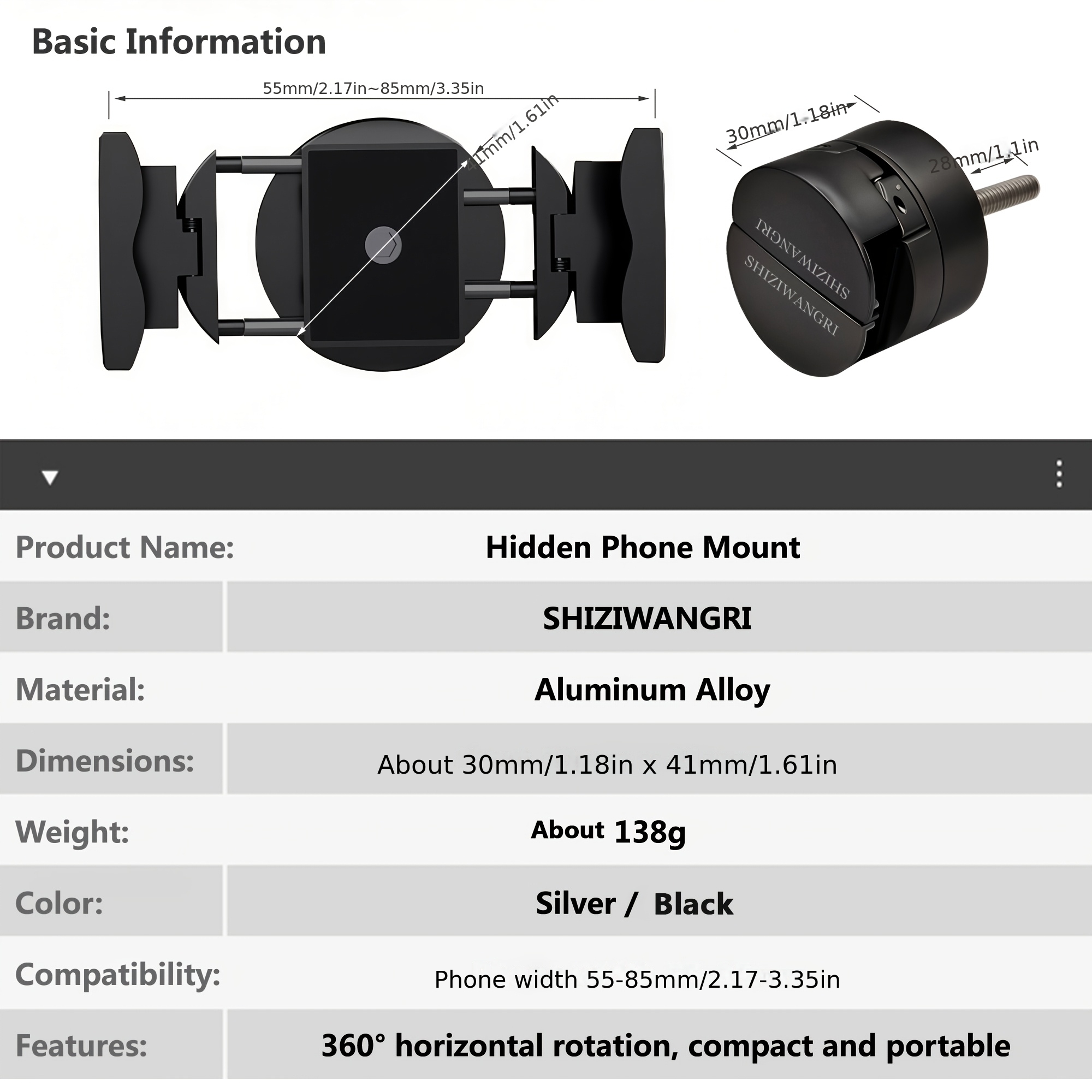 SHIZIWANGRI Aluminum Alloy Invisible Bike Phone Mount 360° Rotation Bicycle Handlebar Cell Phone Holder Shockproof Soft Rubber Cycling Phone Stand for Road Mountain Bike