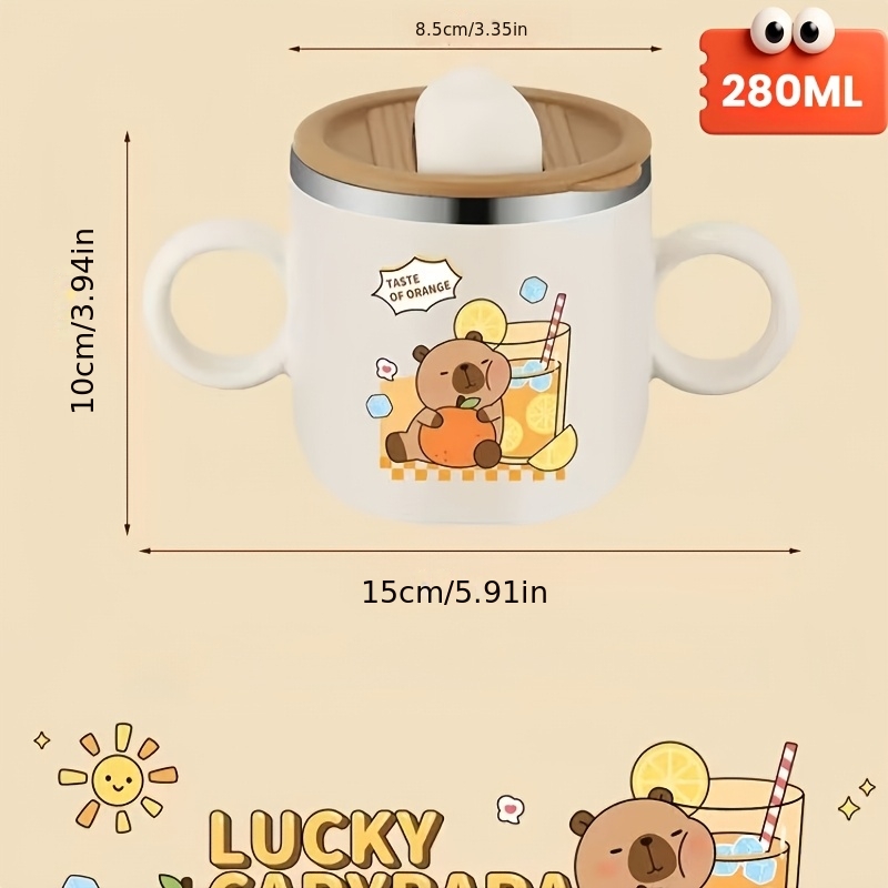Image of 304 Stainless Steel Double-handle Lidded Creative Cartoon Pattern Tumbler With Straw, Household Outdoor Drop-proof Measuring Water Cup, Straw Cup