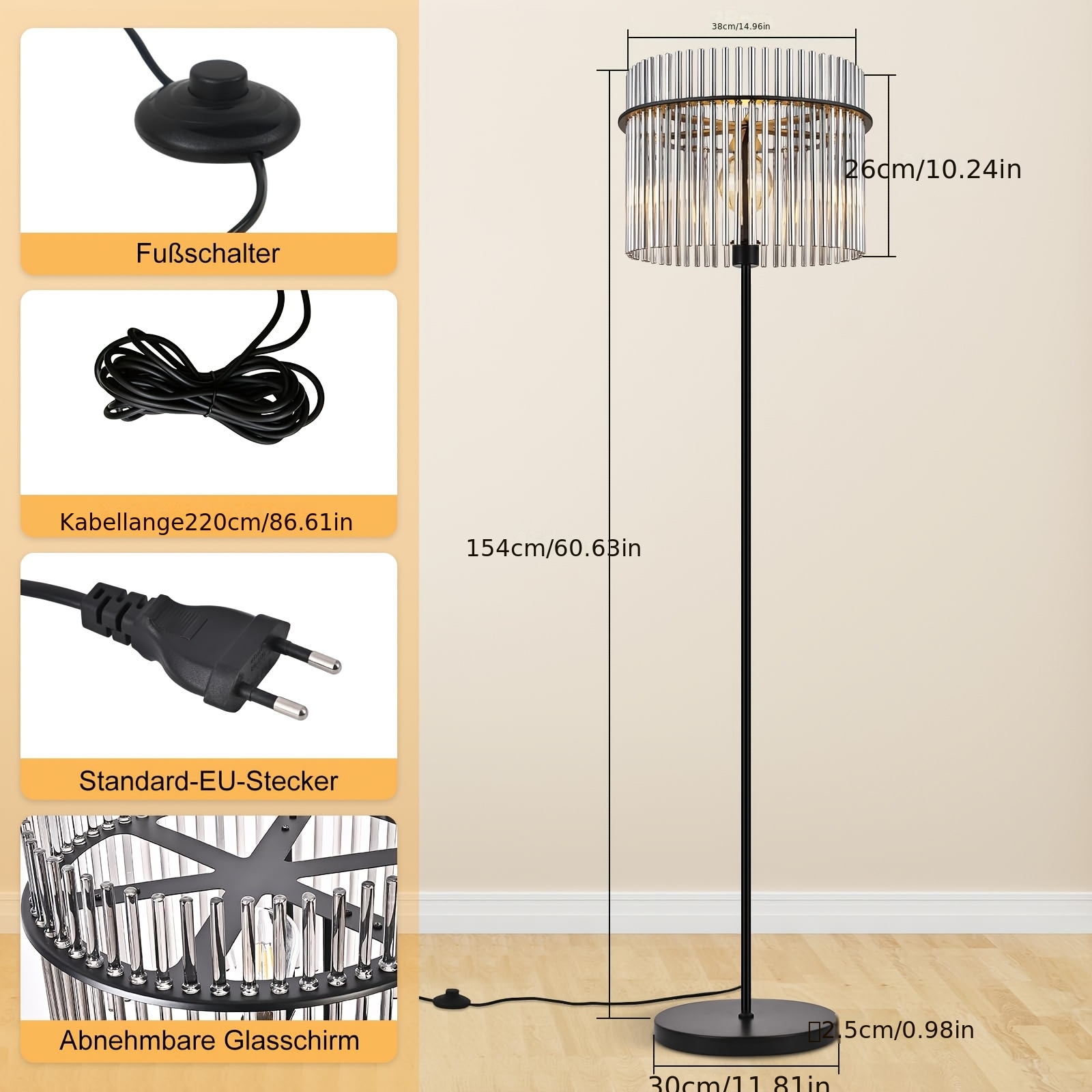 Image of Black Glass Painted Floor Lamp With Foot Switch E27 Lamp Head Modern Reading Floor Lamp Universal For Living Room, Bedroom, Office Vertical Lamp, Bulb Not Included