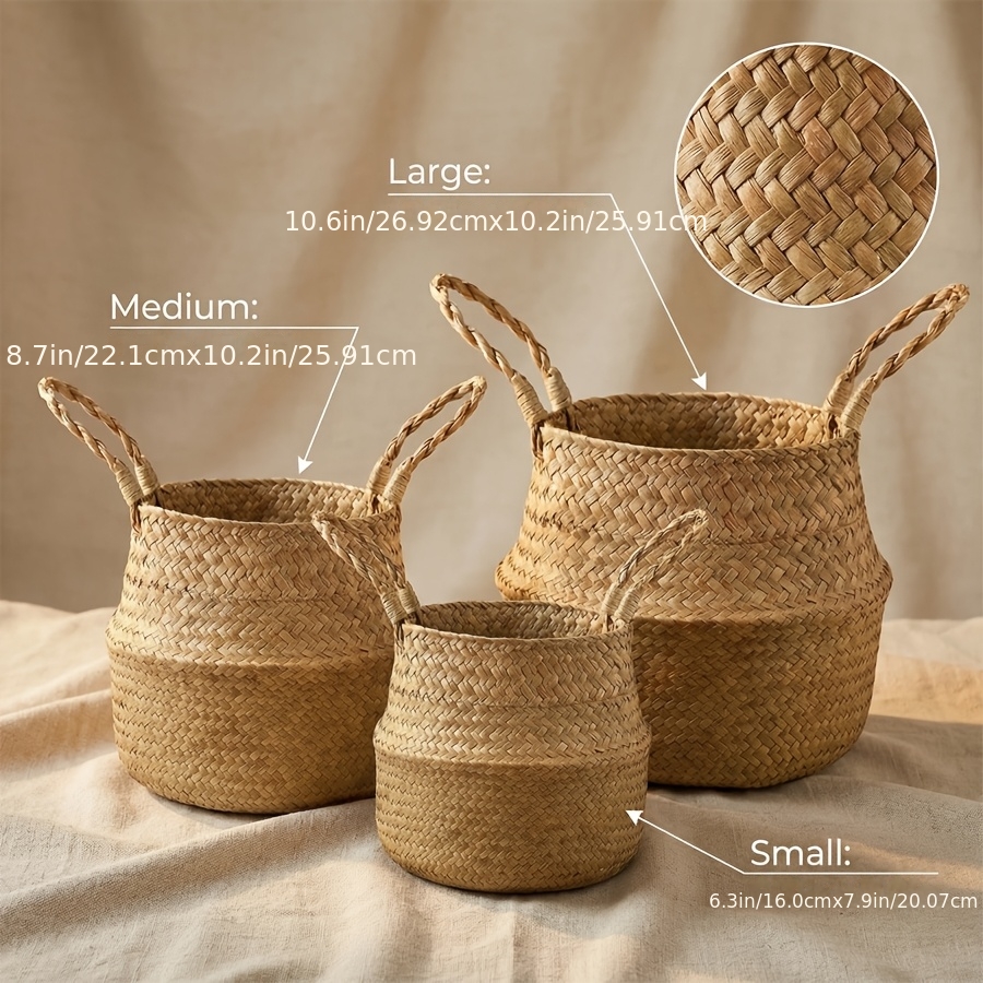 3 cestas de almacenamiento de hierba marina | Soportes vintage tejidos para macetas con asas para picnic, supermercado, lavandería, cestas para estantes