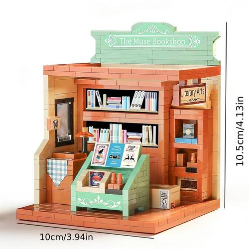 retro bookstore block model independent bookstore shape brick exterior window layer by layer construction interior bookshelf literary classification rich details assembly like organizing a miniature library vibrant design
