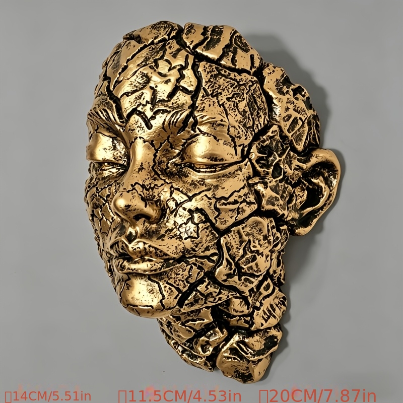 TEMU 1pc Vintage Golden Crackle Face Wall Sculpture - Vertical Hanging Resin Wall Art With Cracked Texture, Golden Suitable For Living Room, Bedroom,