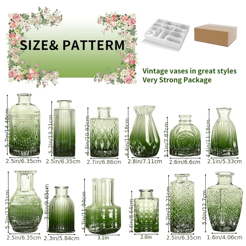 E-shop 12 Glas Knospenvasen Set, Lose Grüne Retro Vase, Als Hochzeitsdeko verwendet, Mini Vase, für Zuhause Esstisch Dekoration, Party, Babyparty
