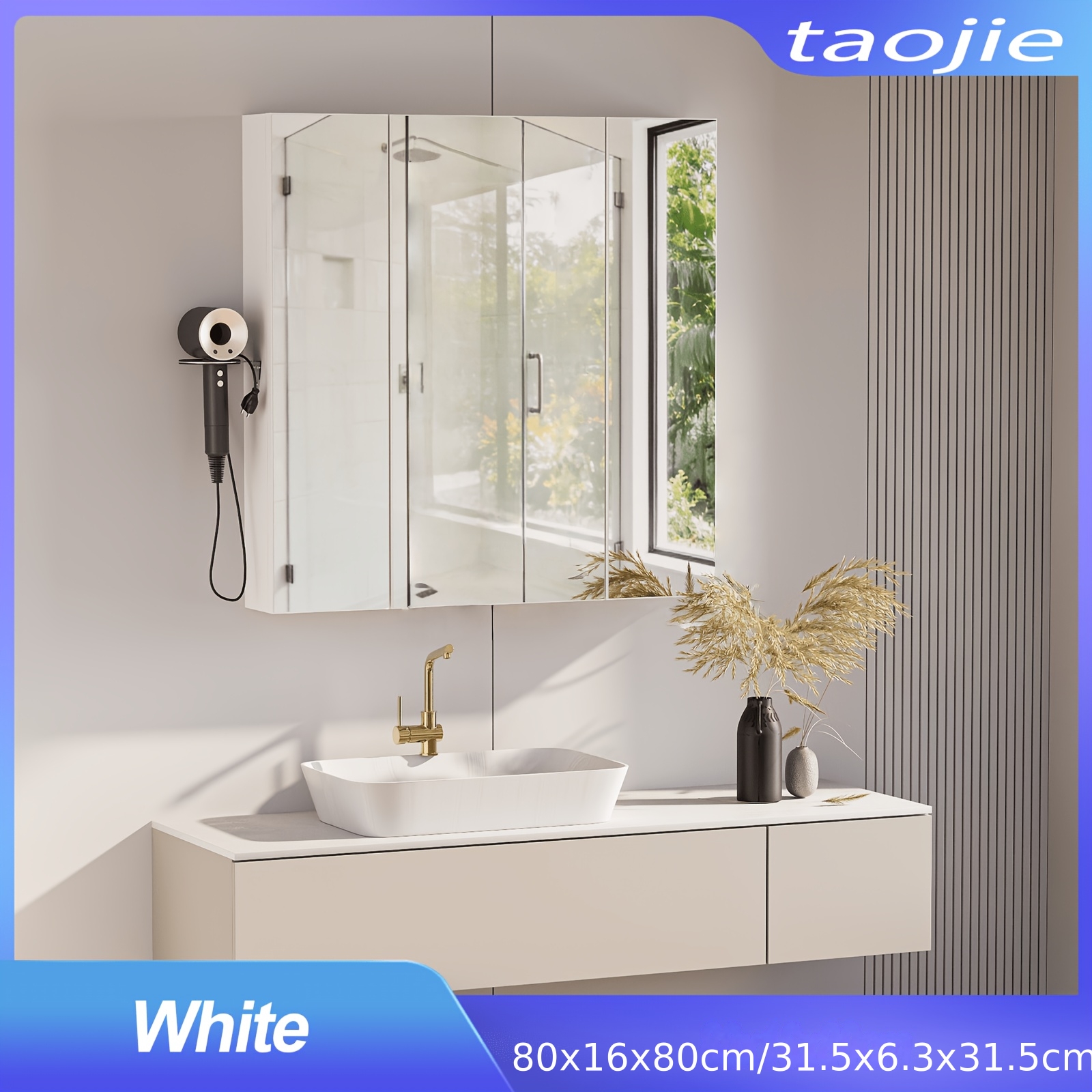 Bathroom Storage Organizer Featuring A White Wall-mounted Cabinet, Equipped With A 10x Magnifying Mirror, , And 5 Shelves