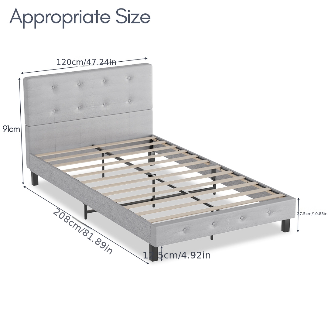 Modern Minimalist Upholstered Bed Frame With Headboard - Platform Bed Suitable For 120x200/140x200cm, Black Leather Look Or Grey Linen Fabric, Assembly-free Setup, Non-wood For Small/medium Bedrooms