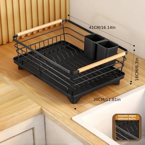 large metal dish rack with kitchen organizer utensil rack with wood grain color convenient carrying handle square kitchen sink organizer with chopstick holder storage counter space utensil storage dish rack