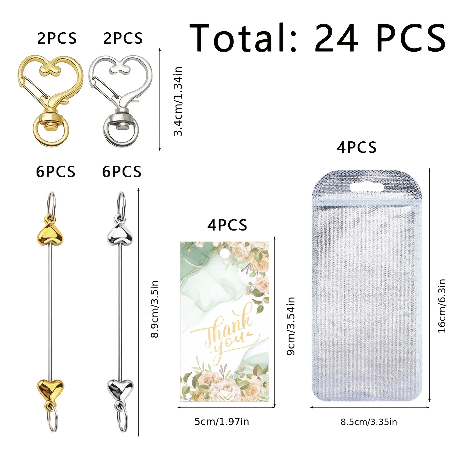 TEMU Lot de 24 bâtonnets à perles vierges avec porte-clés de cœur, inclut du papier cartonné à motif de rose, un sac d'emballage, adapté pour les