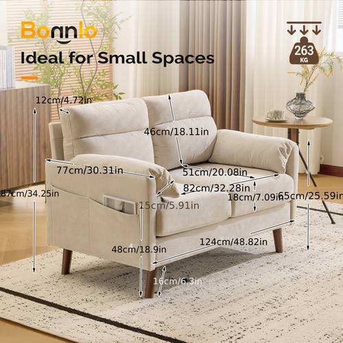 high back elephant arm accent loveseat linen fabric upholstered indoor chair with side pocket ergonomic support living room chair for bedroom office small space