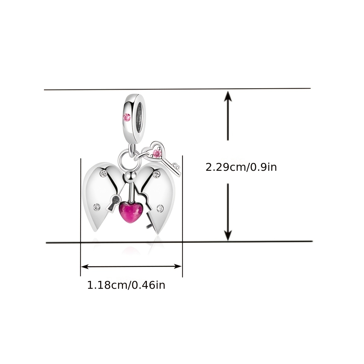 Silvery Plated Copper Split Heart Key Dangle Charm