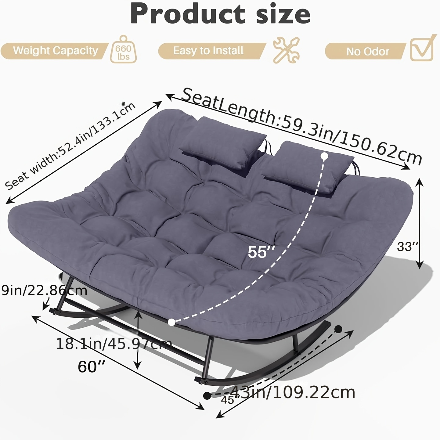 Large Papasan Rocking Chair, Double Rocking Chair with Thick Cushions And Rattan Frame, Oversized Lounge Chair for Nurseries, Suitable for Rooms, Living Rooms, Bedrooms, And Apartments (Gray)