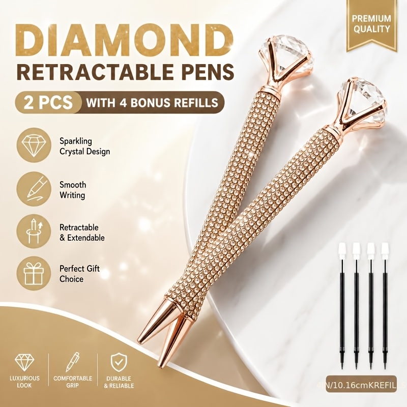TEMU 6pcs Set: 2 Pens + 4 Replaceable Refills, Large Diamond Pen With Crystal Shiny Rhinestone Metal Glitter Diamond Ballpoint Pen, 1.0mm Black Ink
