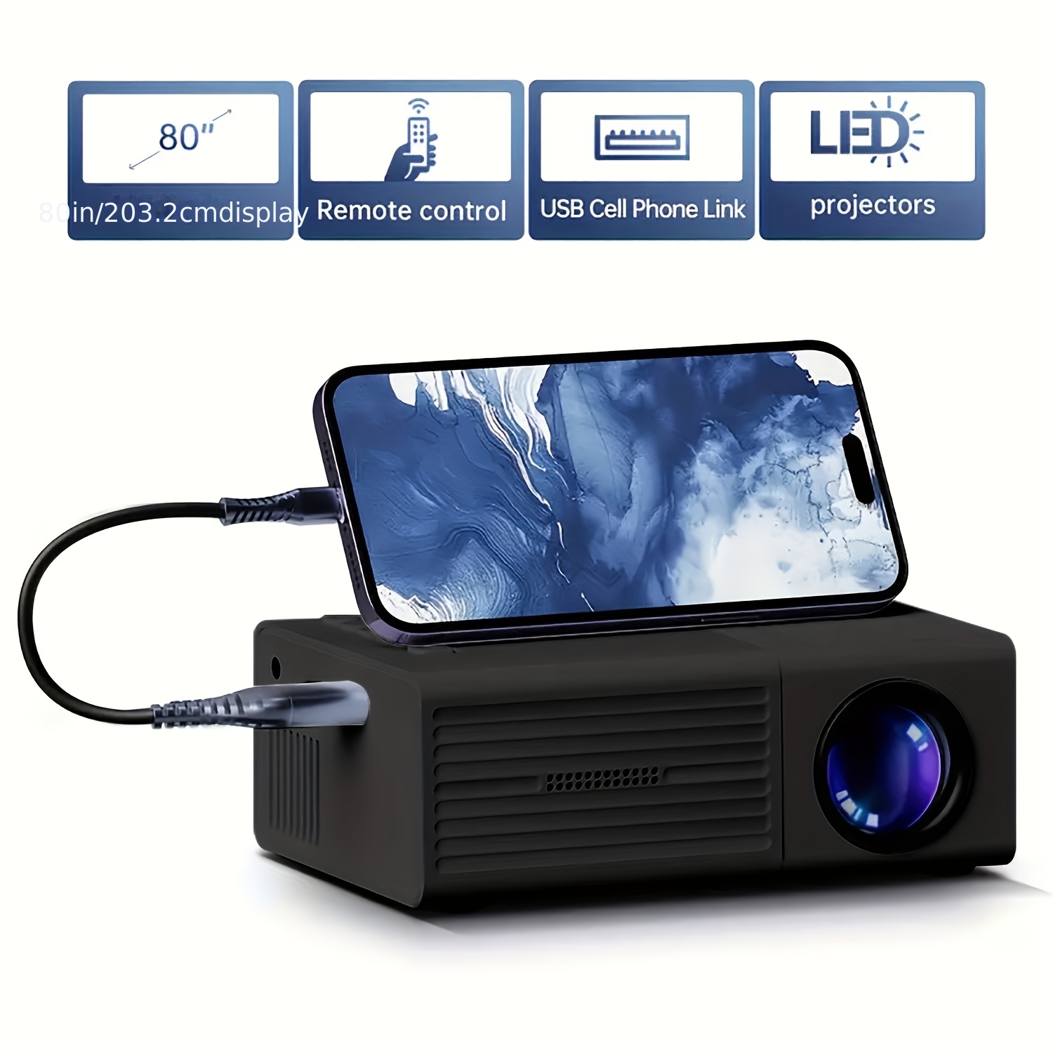 TEMU Mini Portable Hd Projector With 1080p Support, Built-in Speakers & Usb-powered Smart Display - Compact Home Theater System For