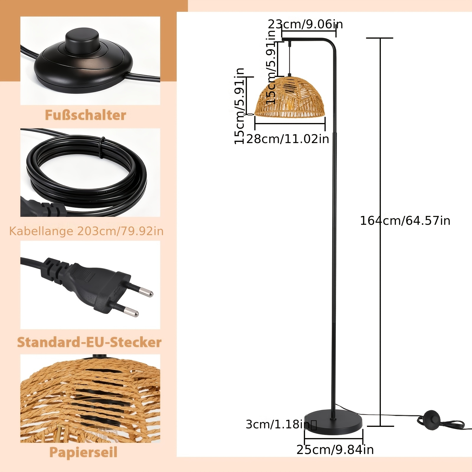 Image of Wicker Floor Lamp, Living Room Lamp, With Foot Switch, E27 Lamp Head, 164cm, Suitable For Bedroom, Dining Room, Terrace (bulb Not Included)