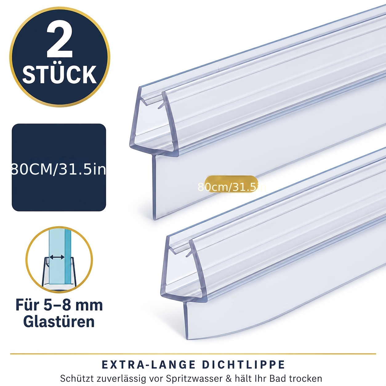 Image of 2 Pack Shower Door Seal Strip, 80cm/100cm Pvc Sealing Lip For 5-8mm Glass Doors, Replacement Seal For Shower Screen Bathtub, Bathroom Waterproof Accessories, Dorm & Rental Supplies