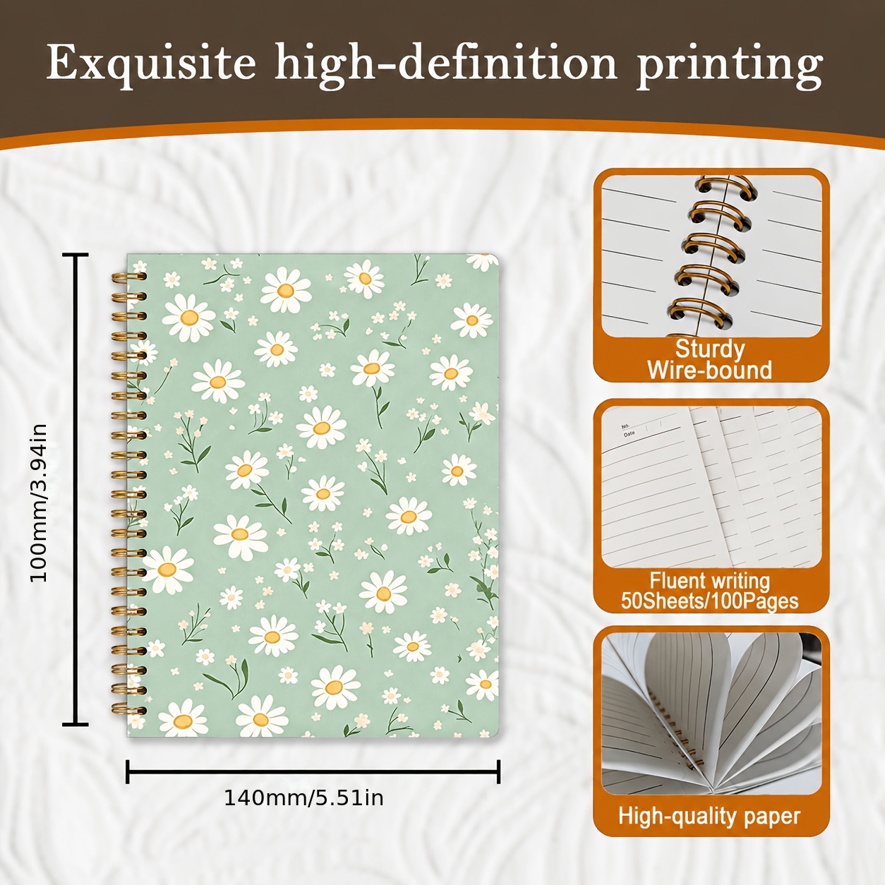 TEMU 1pc Spiral Notebook, Mint Green Daisy Floral Cover, Premium Striped Paper, Ideal For And Journaling, Perfect Gift For Fans Of Fresh Plant Style
