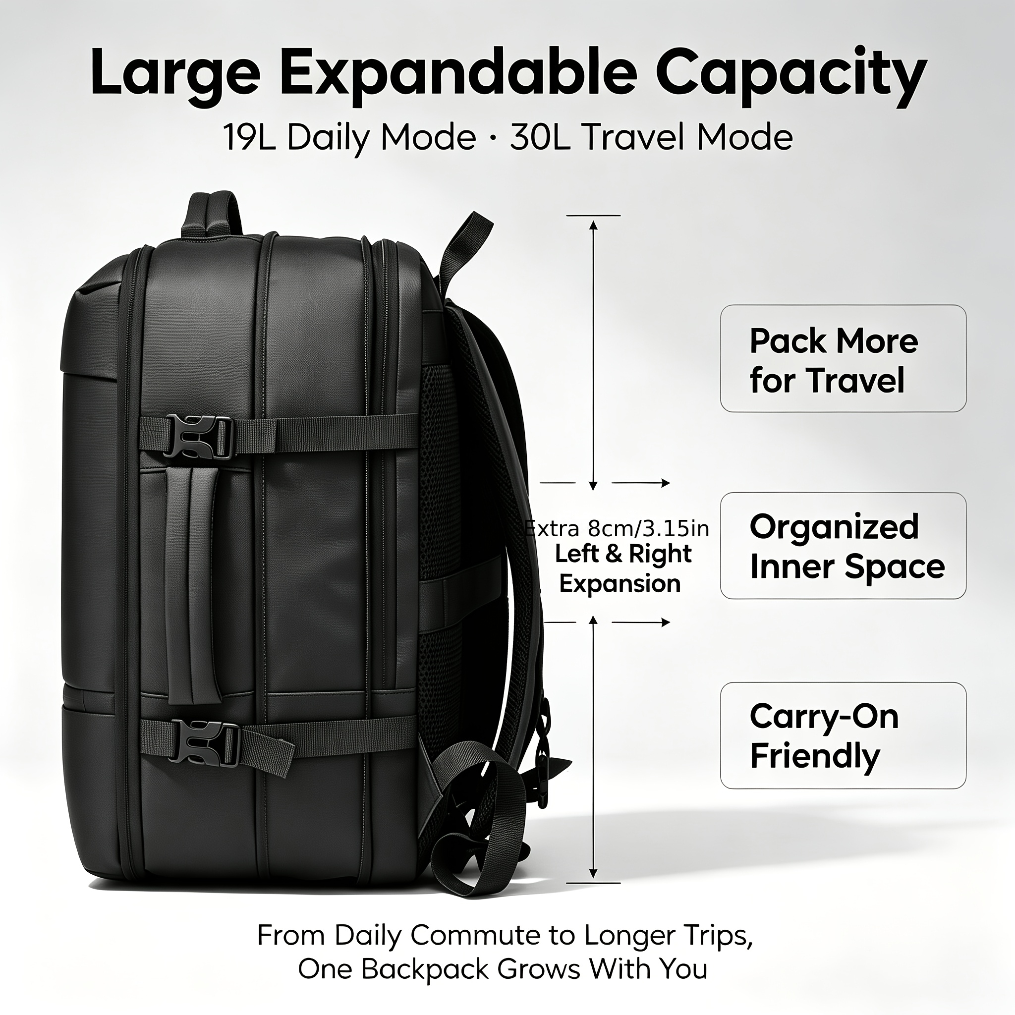 TEMU Expandable Travel Backpack For Men Women, 19l To 30l Large Capacity 17 Inch Laptop Backpack, Oxford Carry On Backpack, Breathable Back Support,