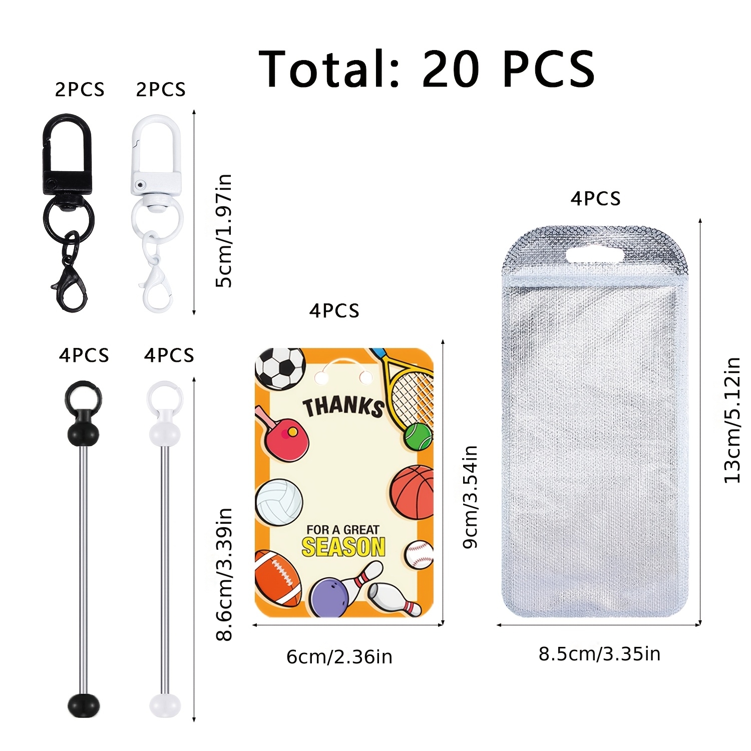 TEMU 20pcs Black And Style Keychain Bead Rod Set Includes Football Sports Card Paper Bag Diy Key Ring Key Chain For Holiday, Back-to-, Birthday Gifts