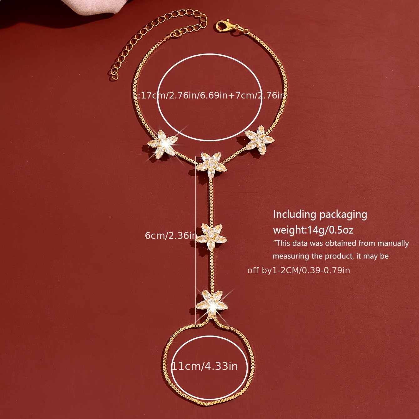 Women's Floral Diamond-Studded Finger Bracelet, Copper Design