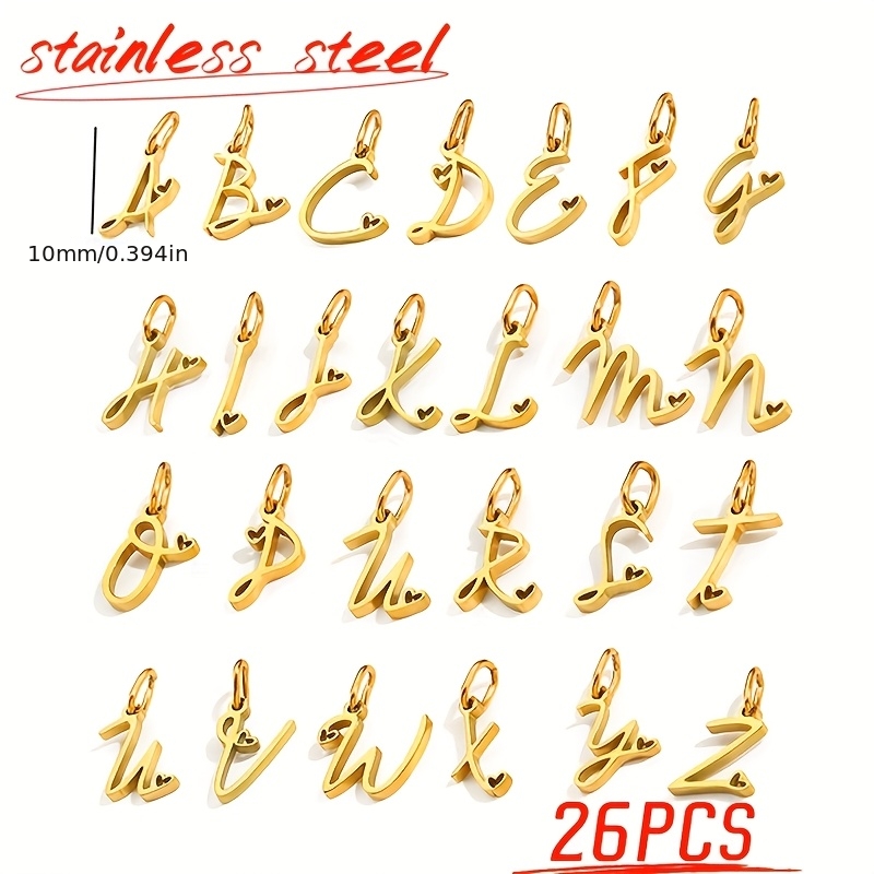 26pcs Heart-Shaped English Alphabet Charms, Stainless Steel Set