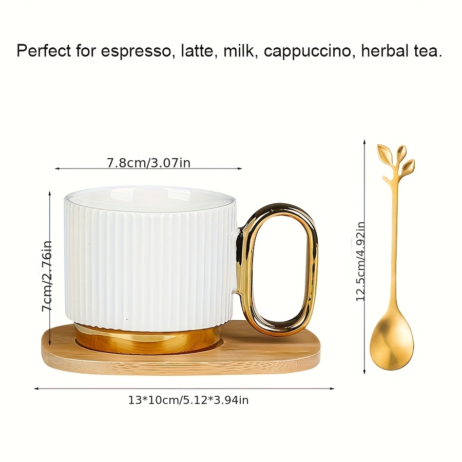 1Set Light Luxury Coffee Cup Set with Saucer And Spoon, Elegant Striped Design Ceramic Matcha Cup Espresso Cup with Bamboo Wood Saucer, Exquisite Breakfast Cup Saucer Spoon Set for Coffee Milk Juice Cocoa Matcha