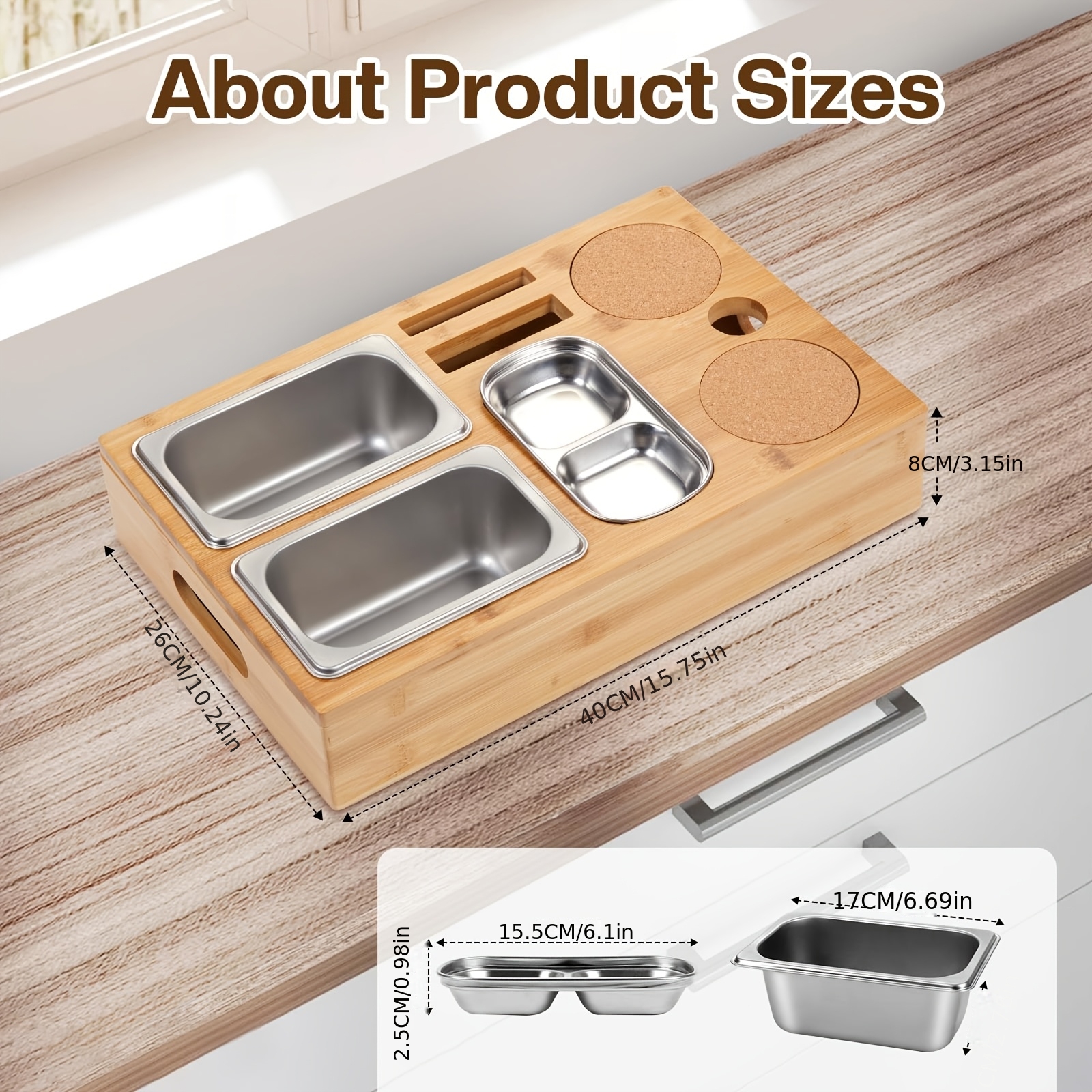 Image of Bamboo Sofa Side Table, Multifunctional Sofa Armrest Organizer Tray With Cup Holder, Detachable Golden Metal Storage Tray, Portable Couch Tray For Living Room