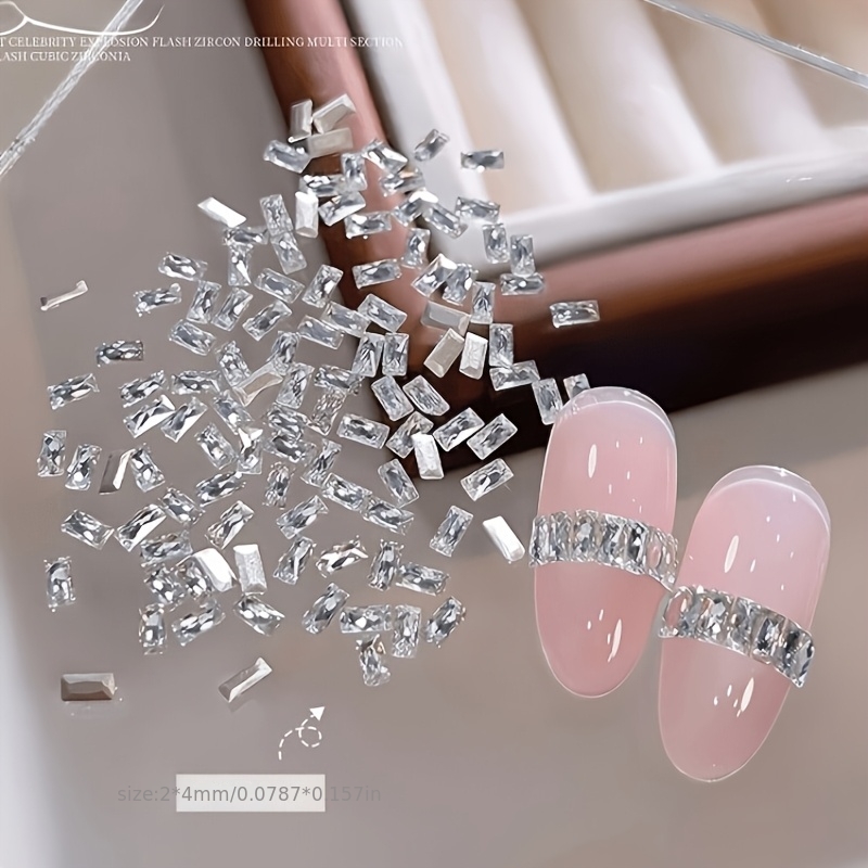 TEMU 35pcs Of High-quality, Shiny Champagne Silvery Rectangular Nail Art Rhinestones, And Mini Flat Zirconia Nail Art Decorations