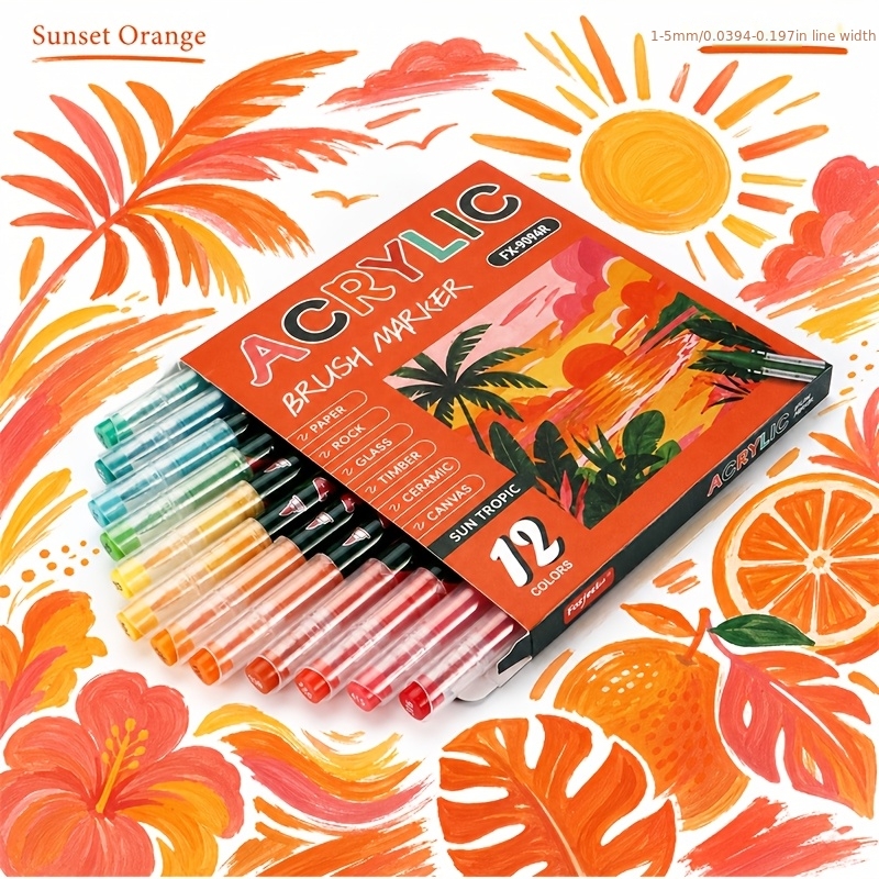 TEMU 12pcs Sunset And Sun Full Set Of Painting Brushes, Complete Warm Orange Series Full Coverage, Multi-surface Universal, Used For Seaside Sunset