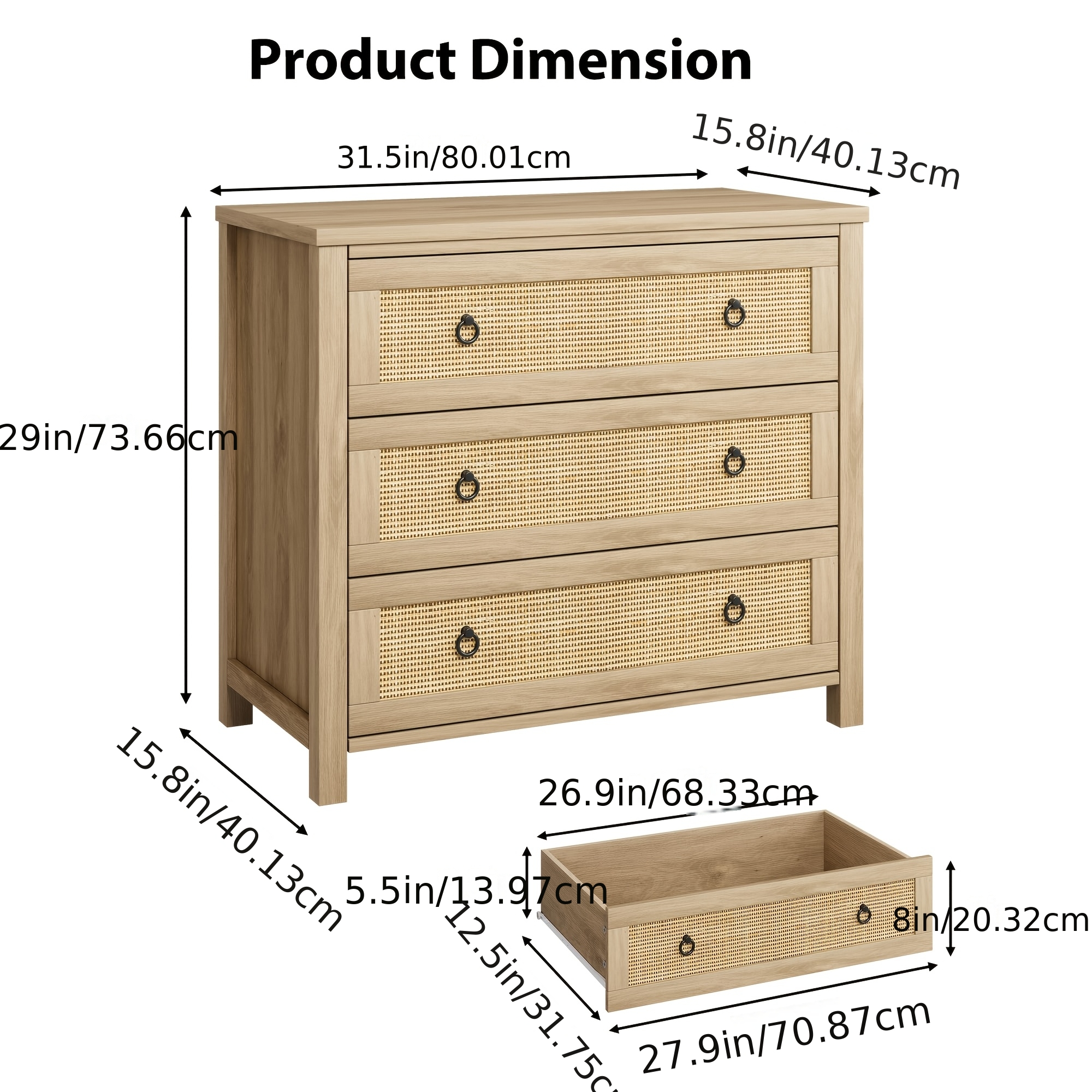 A 29-inch Tall Rattan Dresser Designed For Bedrooms, Featuring 3 Rattan Drawers And A Storage Cabinet, Suitable For Organizing Clothes In The Bedroom, Living Room, Or Hallway