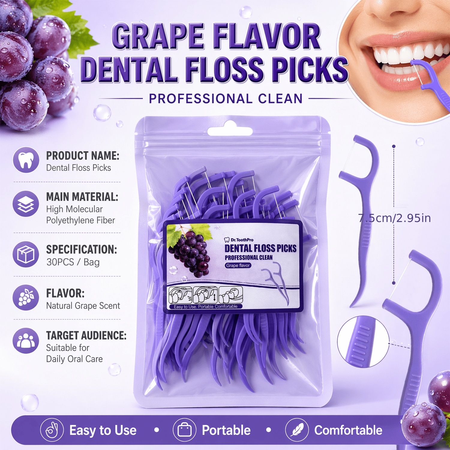 30 Count Refreshing Grape Flavored Dental Floss Picks