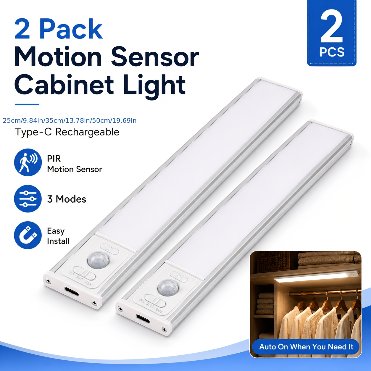 2pcs Rechargeable Motion Sensor Cabinet Lights with 3-Color LED