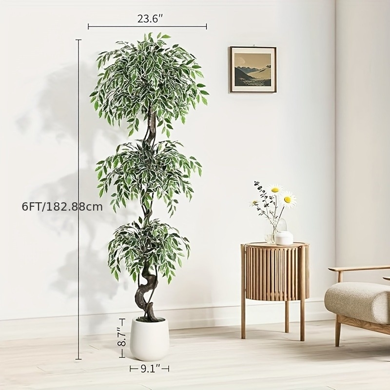 TEMU Realistic Artificial Tree With White Ceramic Planter - Lifelike Indoor/outdoor Floor Plant With Green Foliage, Self-sustaining Fake Tree With