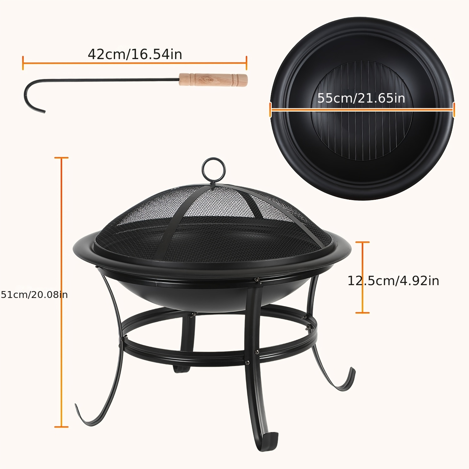 Image of Fire Bowl With (55cm In Diameter), Complete With Fire Hook And 4 Flared Legs; Portable Fire Bowl; -iron Garden Fire Bowl With Mesh Lid, Suitable For Camping, Travel And Outdoor Gardens