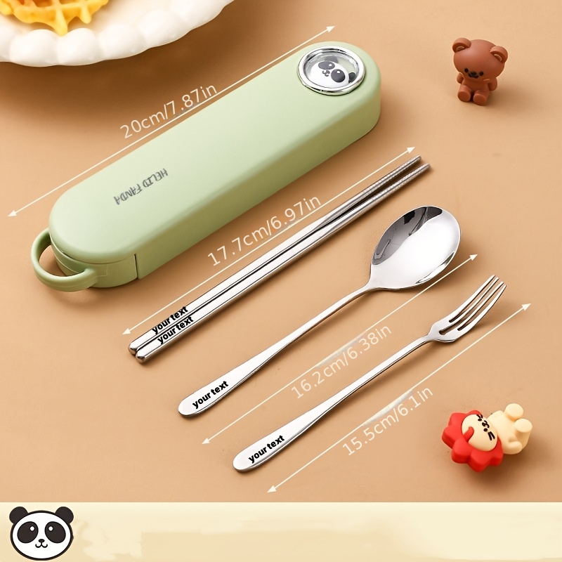 TEMU Personalized Portable Stainless Steel Tableware & Meal Set With Name/date - Cartoon Utensils & Chopsticks, Compact Travel Dining For Lunches,